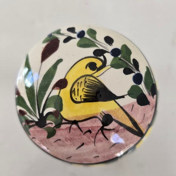 Vintage Tonala Mexico Small Covered Ceramic Trinket Box Yellow Bird Floral Boho - Picture 3 of 10